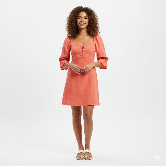 Aritzia Wilfred Stanza Mini Dress Linen Puff Sleeve Coral Pink Corset Size XXS - Picture 3 of 16